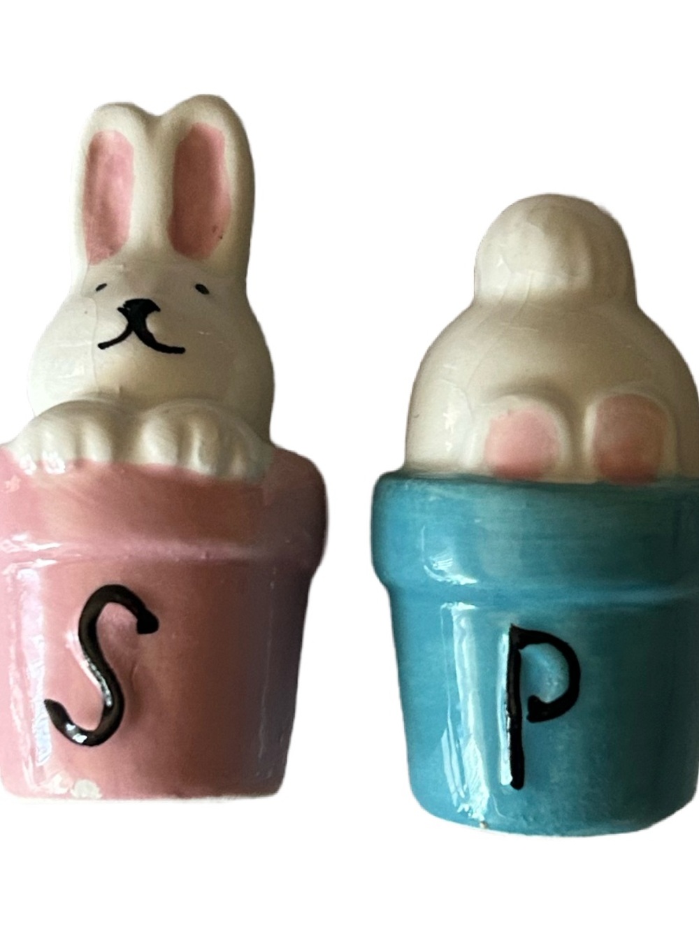 Cute Bunny Salt and Pepper Shakers - Pink & Blue Ceramic